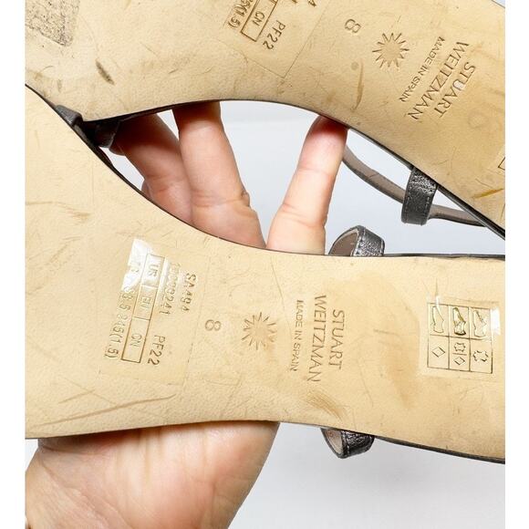 Stuart Weitzman Starla 80 Ankle Strap Leather Heel Gunmetal Gray Silver US 8 - Picture 12 of 12